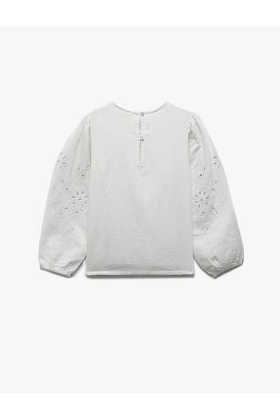 Koton Crew Neck Long Sleeve Scalloped Cotton Blouse