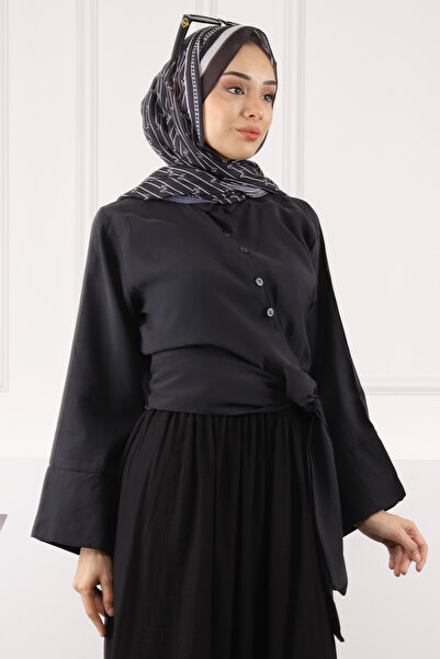 İmajButik Μαύρο πουκάμισο Modal με δεμένη μέση