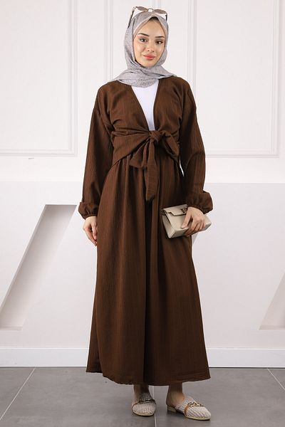 İmajButik Καφέ Σετ Μπλούζα με Πλαϊνή Δεμένη Φούστα