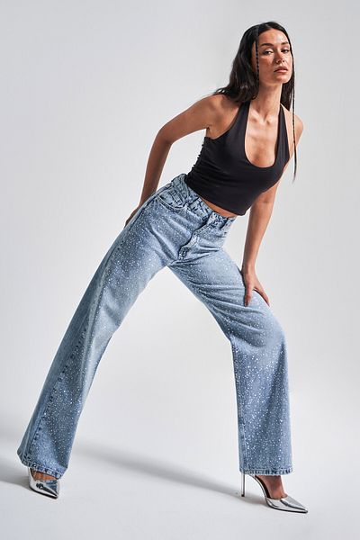 its basic Blugi de damă Reng 4s5-24, cu talie înaltă, cu față strălucitoare, 100% bumbac, design denim