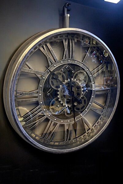 LEMİ DEKORASYON İthal 50 Cm Çarklı Gümüş Duvar Saati