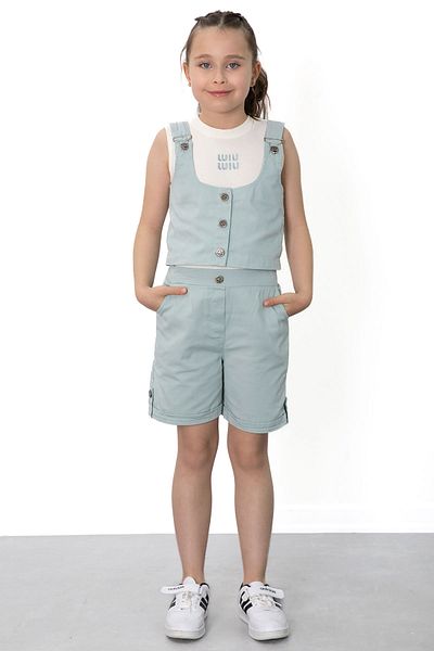 Cansın Mini Mint Green Zero Sleeve Buttoned Vest Girl's 3-Piece Shorts Suit 21037