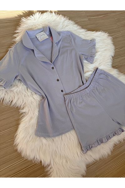 Pijamacs Light Lilac Cotton Short Sleeve Front Button Shorts Pajama Set with Ruffle Detail on Sleeves and Legs