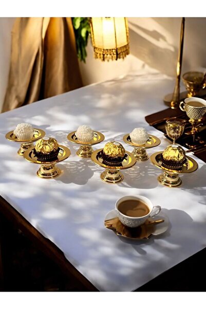 İLİVA 6'lı Dekoratif Gold Kaplama Ayaklı Lokumluk Makaronluk Kahve Yanı Sunumluk Lokumluk