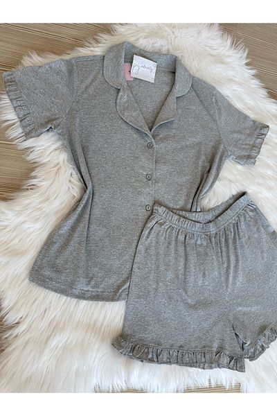 Pijamacs Gray Melange Cotton Short Sleeve Front Button Shorts Pajama Set with Ruffle Detail on Sleeves and Legs