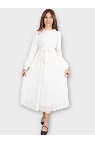 Ebrar Piliseli Elbise Beyaz - Tesettür Elbise
