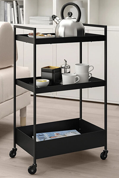 Binbirreyon Siyah Çelik Servis Arabası 3 Katlı Tekerlekli Raflı Araba Siyah B...