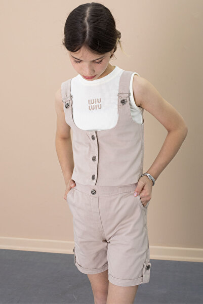 Cansın Mini Beige Zero Sleeve Badili Buttoned Vest Girl's 3-Piece Shorts Suit 21033