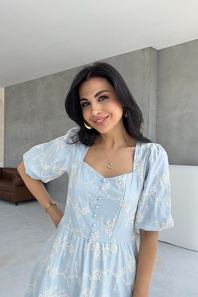 Seda Yalçın Atelier Embroidered Blue Dress with Marseille Balloon Sleeves