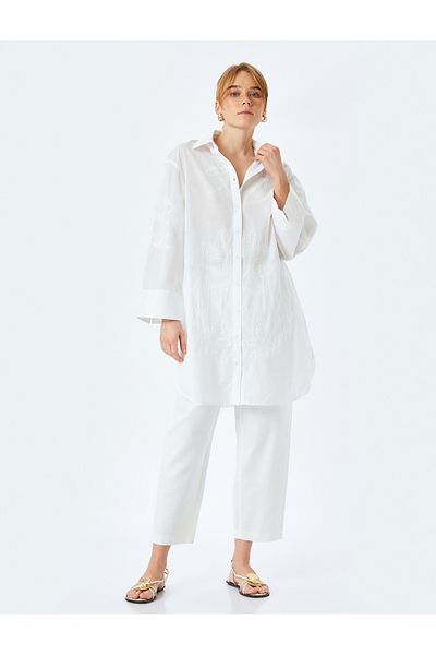 Koton Cotton Floral Embroidery Detailed 3/4 Sleeve Shirt Collar Long Oversize Tunic