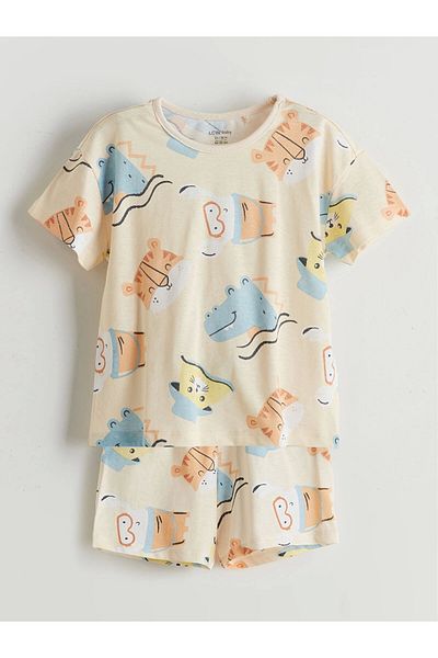 LC Waikiki Lcw Baby Beige Printed Baby Boy T-Shirt and Shorts 2-Pack