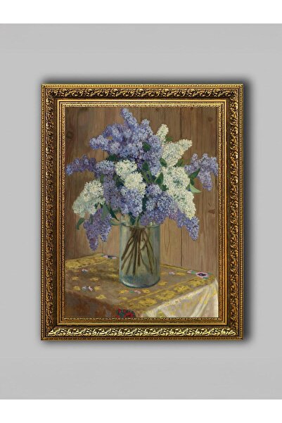 WoodyArts Mimoză mov și albă - cadru antic auriu