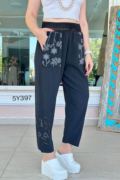 İnce Topuk Fistolu Embroidered Linen Trousers 5Y397