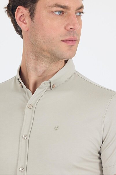 İmza Gray Italian Button Collar Short Sleeve Pocketless Slim Fit Shirt 1004250255