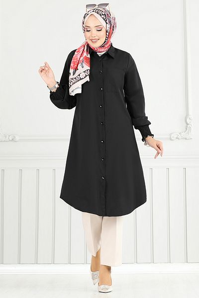 ModaMerve Μπροστινό κουμπί Hijab Tunic 282ASN936-M Μαύρο