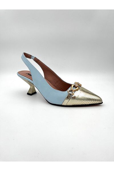 Mariolucci Women's Daily Heeled Shoes Genuine Baby Blue Leather Body (Toe Genuine Gold Snake Textured Leather)