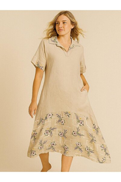Butik İtalyan Çiçek Desenli Keten Elbise - BEJ