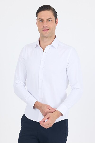 İmza Λευκό σκληρό πέτο Απλό κλασικό βαμβακερό πουκάμισο Slim Fit 1004250214