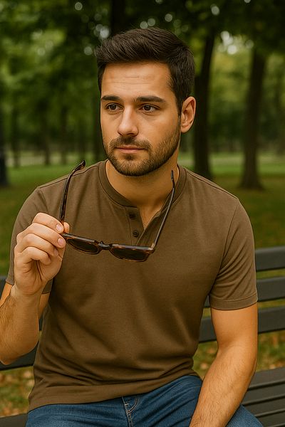 UOMOPARK 2124 Henley T-shirt Καφέ με λεπτομέρεια με κουμπιά Basic Casual T-shirt