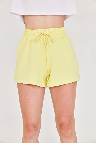 LEBRA Γυναικείο κίτρινο ύφασμα Modal καλοκαιρινό σορτς με τσέπη, ελαστική μέση με κορδόνια, ελαστική λύκρα καθημερινό άνετο μοντέλο