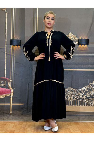 Yeşilmoda Hijab Dress,Cotton Fabric,Casual Embroidered Black Maxi Long Sleeve Sleeves Elastic Women