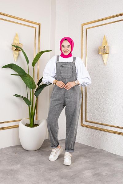 HARMAN BUTİK Women's Gray Denim Jumpsuit with Pockets and Straps