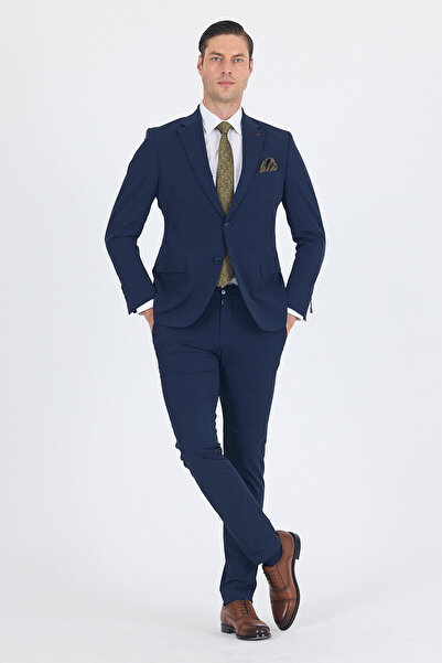 İmza Navy Blue Mono Collar Half Lining 6 Drop Slim Fit Elastic Waist Suit 1001250121