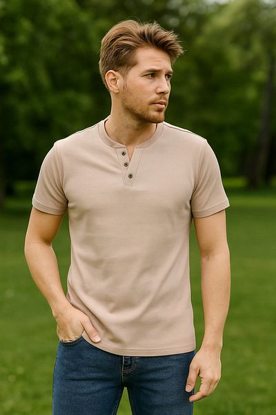 UOMOPARK 2124 Henley T-shirt Καφέ με λεπτομέρεια με κουμπιά Basic Casual T-shirt