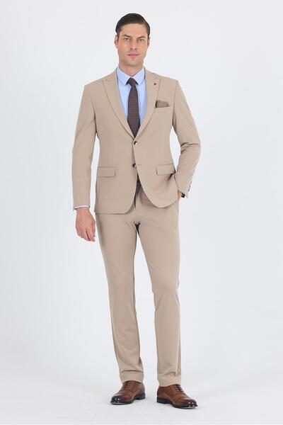 İmza Dark Beige Swallow Collar Butterfly Lining 6 Drop Slim Fit Elastic Waist Suit 1001250176