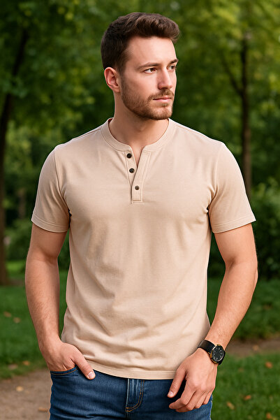 UOMOPARK 2124 Henley T-Shirt Brown Button Detailed Basic Casual t Shirt