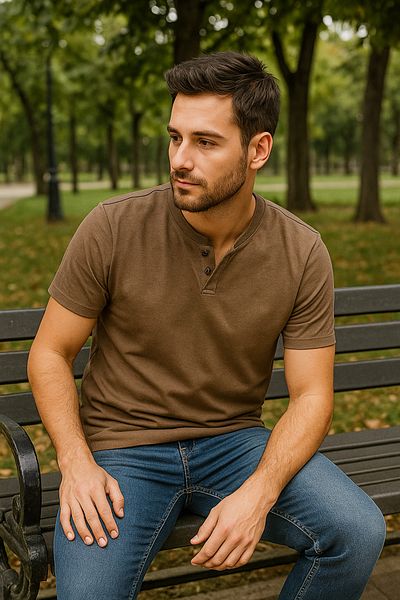 UOMOPARK 2124 Henley T-shirt Καφέ με λεπτομέρεια με κουμπιά Basic Casual T-shirt