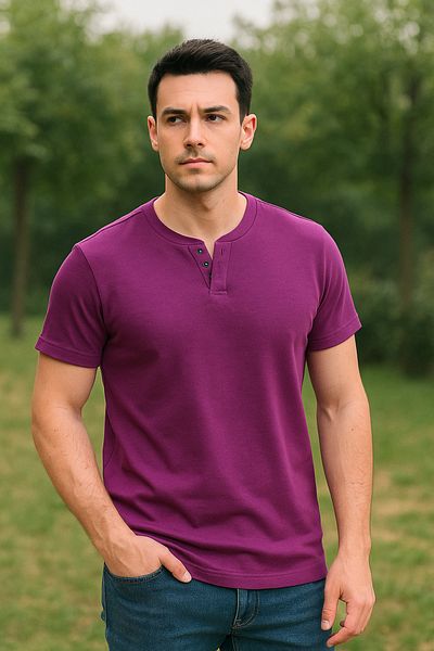 UOMOPARK 2124 Henley T-shirt Καφέ με λεπτομέρεια με κουμπιά Basic Casual T-shirt