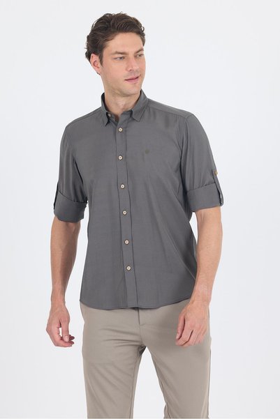 İmza Khaki Short Sleeve Smart Collar Pocketless Slim Fit Shirt 1004250224