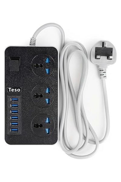 TESO 2M Power Extension Cord – 3 Power Sockets & 6 Fast USB Charging Ports, Heavy-Duty Power Strip