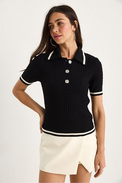 Bianco Lucci Women's Eight Bowknot Knitted Stripe Detailed Polo Neck Knitwear T-Shirt 20258022