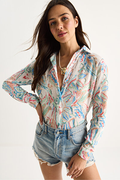 Bianco Lucci Women's Patterned Digital Printed Regular Summer Knitted Shirt 60282014