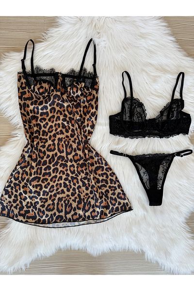 Pijamacs Σετ νυχτικό και εσώρουχα με σατέν Leopard Pattern Bralet Bralette Σετ προίκας