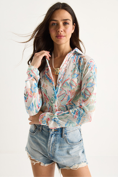 Bianco Lucci Women's Patterned Digital Printed Regular Summer Knitted Shirt 60282014