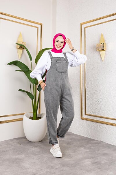 HARMAN BUTİK Women's Gray Denim Jumpsuit with Pockets and Straps
