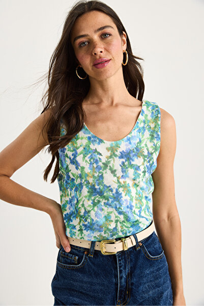 Bianco Lucci Kadın Desenli Kalın Askılı Dijital Baskılı Regular Yazlık Örme Bluz 60282017