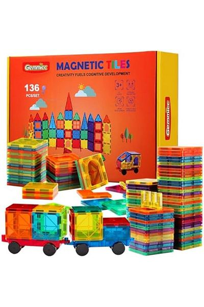 KİDOL Gemmicc Magnetic Tiles, Deluxe 136 PCS Building Blocks Magnet Toys for Kids, 3D Magnet Puzzles Stack
