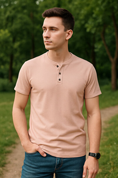 UOMOPARK 2124 Henley T-Shirt Brown Button Detailed Basic Casual t Shirt