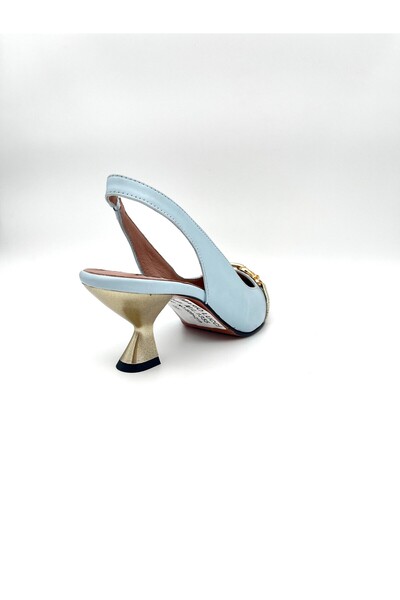 Mariolucci Kadın Günlük Topuklu Ayakkabı Hakiki Bebe Mavisi Deri Gövde (Burun Hakiki Altın Yılan Dokulu Deri)