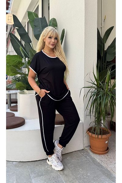 Butik Nilyam Women's Plus Size Crew Neck Short Sleeve Slim Piping Stripe Detail Tracksuit Set 24784