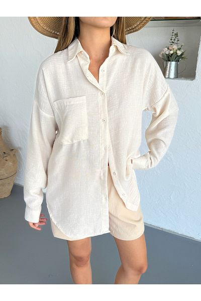 COMBİNE MİCHAİL Women's White Linen Shirt Ayrobin with Pocket