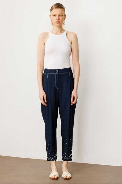 Moda İlgi Modailgi παντελόνι με ελαστική ζώνη μέσης και πλισέ πέρλες με πλαϊνές τσέπες - 15057 Navy