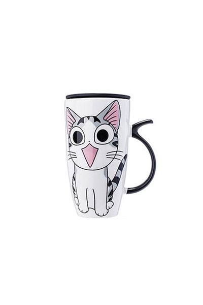 OEM Set Cana Cafea Ceramica Pisica Kitty cu lingurita si capac XXL 600 ml - M1