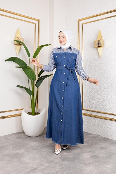 HARMAN BUTİK Γυναικείο ριγέ τζιν φόρεμα με ζώνη