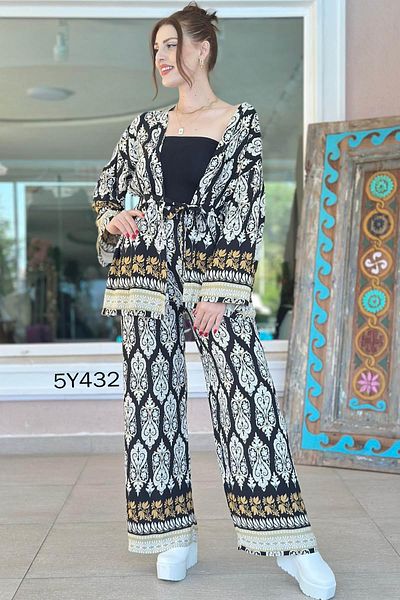 İnce Topuk Crop Kimono Viscose 3 Piece Set 5Y432