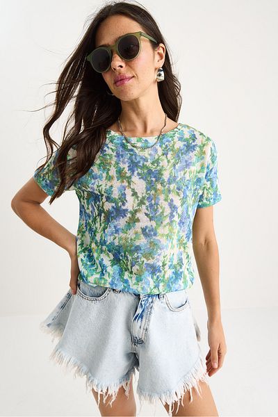 Bianco Lucci Tricou tricotat de vară, cu model, cu imprimeu digital, pentru femei 60282015